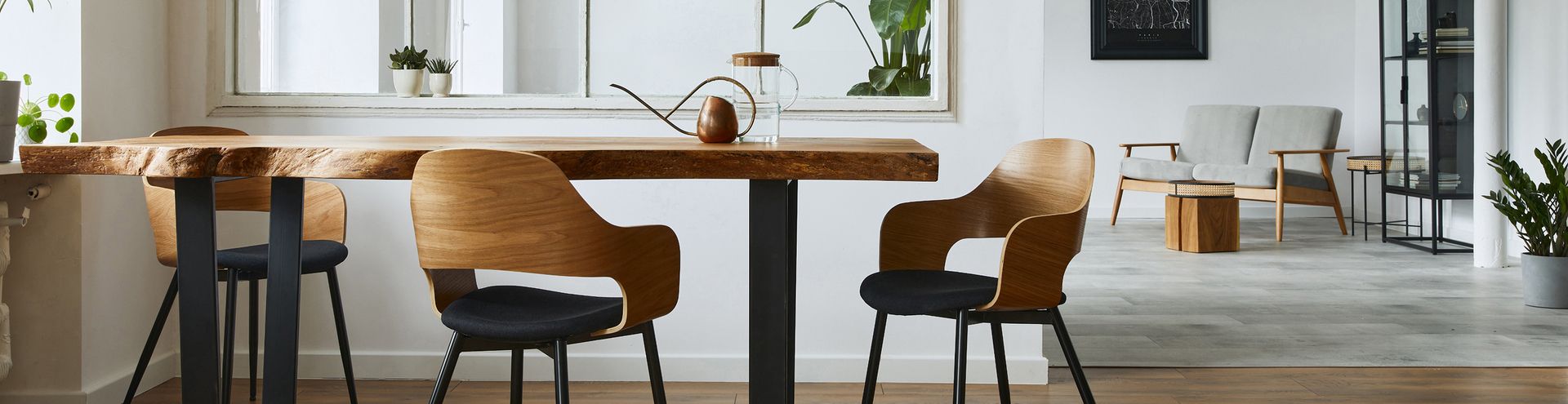 Bright open-plan lounge area with a live-edge wooden table, bentwood chairs with black seats, indoor plants, and framed wall art